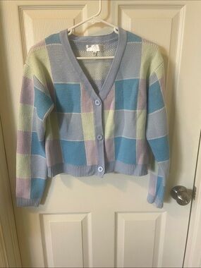 Society & Stitch Pastel Check Cropped Cardigan Sweater - Multi Pastel, XXL
